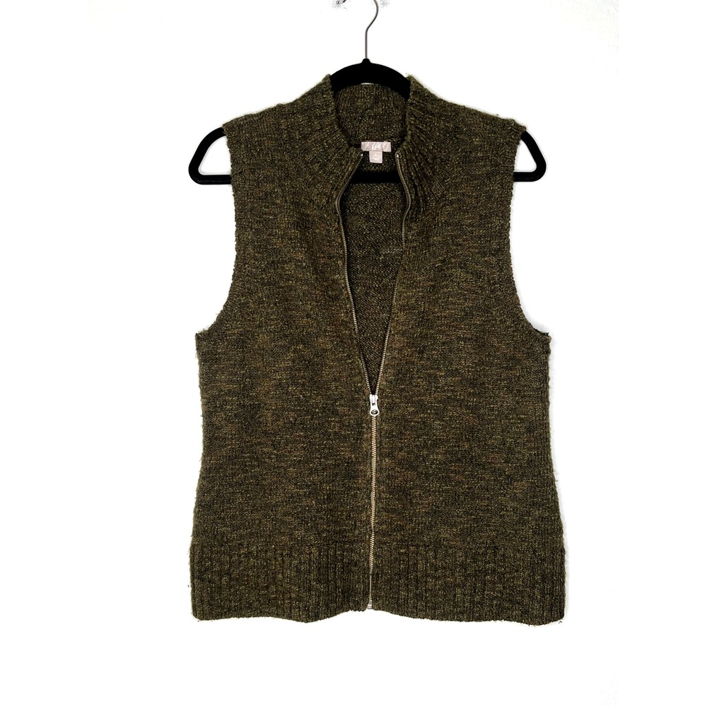 J. Jill Wool Alpaca Blend Sweater Vest Full-Zip Petite L Preppy Brown‎ Marled